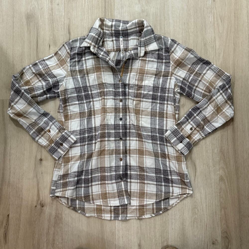 KUHL Women's Kamila Button Up Plaid Flannel Shirt Cream Brown Size Small